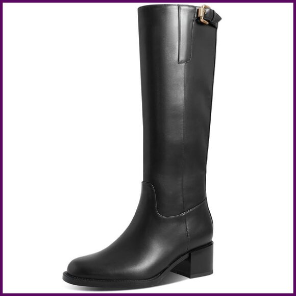 Knee High Boots Chunky Heel Round Toe Double Zipper Faux Leather